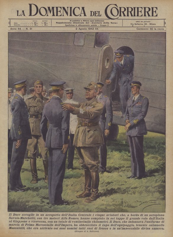 The Duce välkomnar de fem flygare som, ombord? av Achille Beltrame