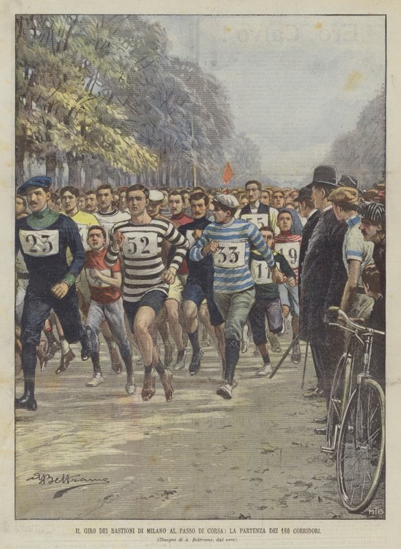 Giro dei Bastioni di Milano vid Passo di Corsa, starten för de 160 löparna av Achille Beltrame
