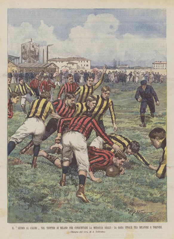 Spelet fotboll i Milano travare för att vinna den kungliga medaljen, den sista matchen mellan Milano och Turin av Achille Beltrame