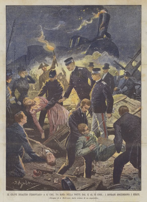 Den allvarliga järnvägskatastrofen vid 12 kilo, från Rom i natten från 12 till 13 Corr, The Sovereigns Help the Wounded av Achille Beltrame
