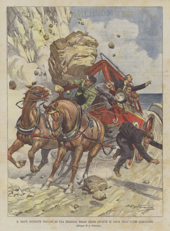 Den allvarliga olyckan drabbad av en diligens i Sestri Levante på grund av de senaste skurarna av Achille Beltrame