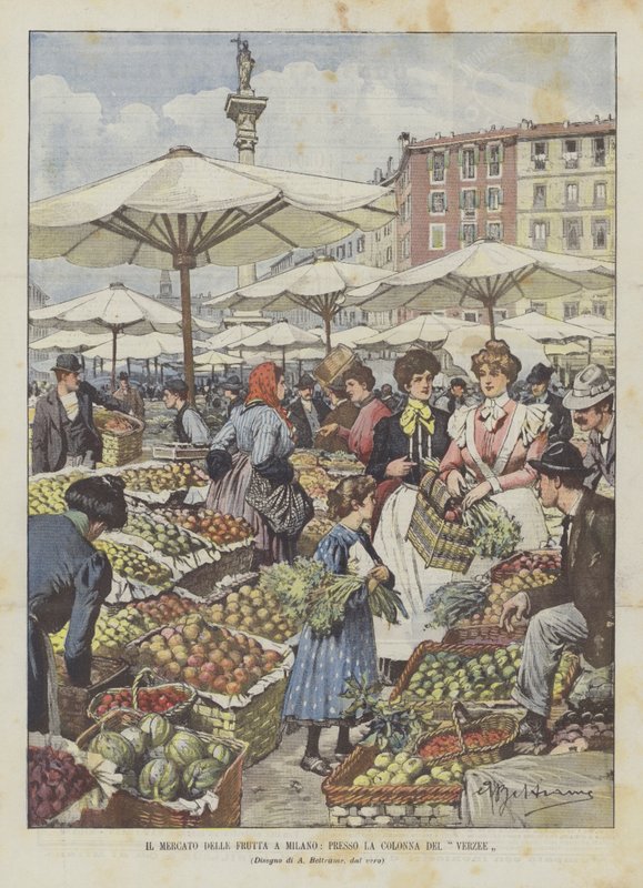 Fruktmarknaden i Milano, vid La Colonna Del Verzee av Achille Beltrame
