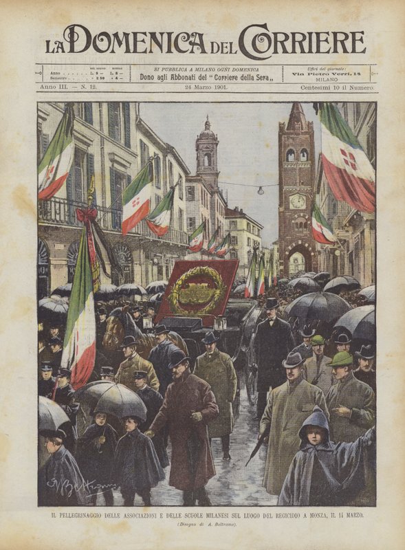 Milanesiska föreningars och skolors pilgrimsfärd till regicidplatsen i Monza, 14 mars av Achille Beltrame