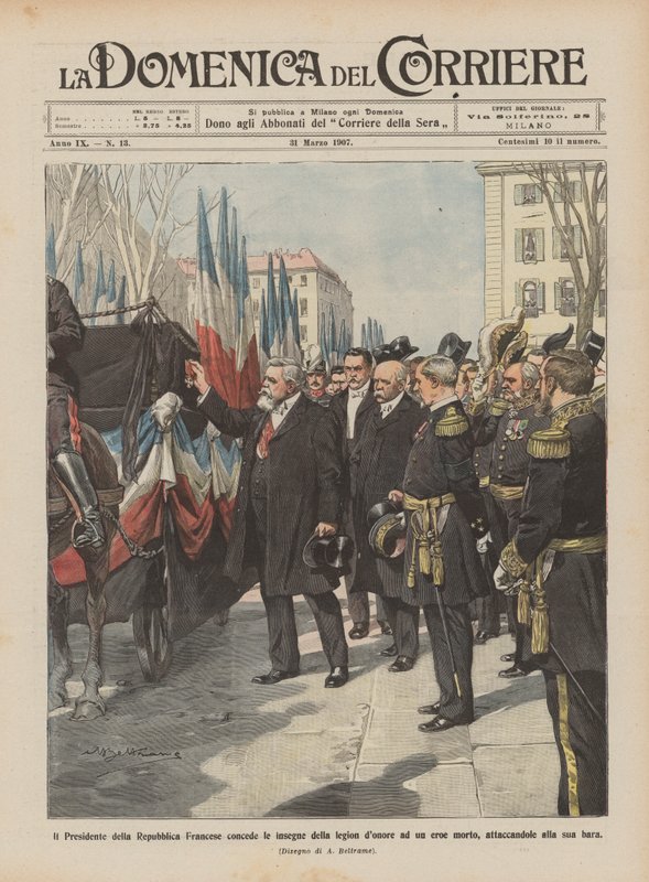 Tilldelar Frankrikes president legiondonatorns insignier till en död hjälte? av Achille Beltrame