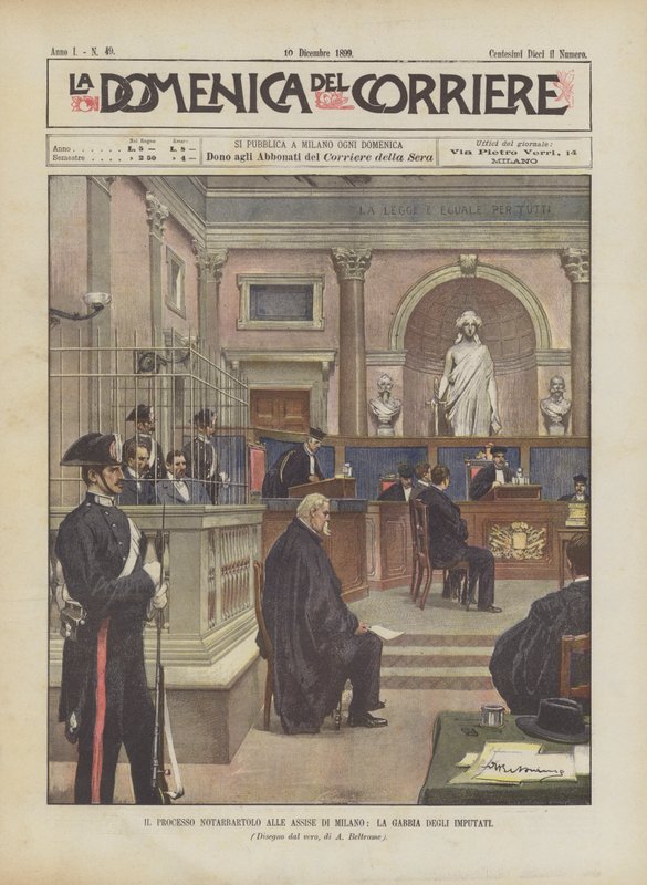 Rättegången mot Notarbartolo vid Assizes i Milano, de tilltalades bur av Achille Beltrame