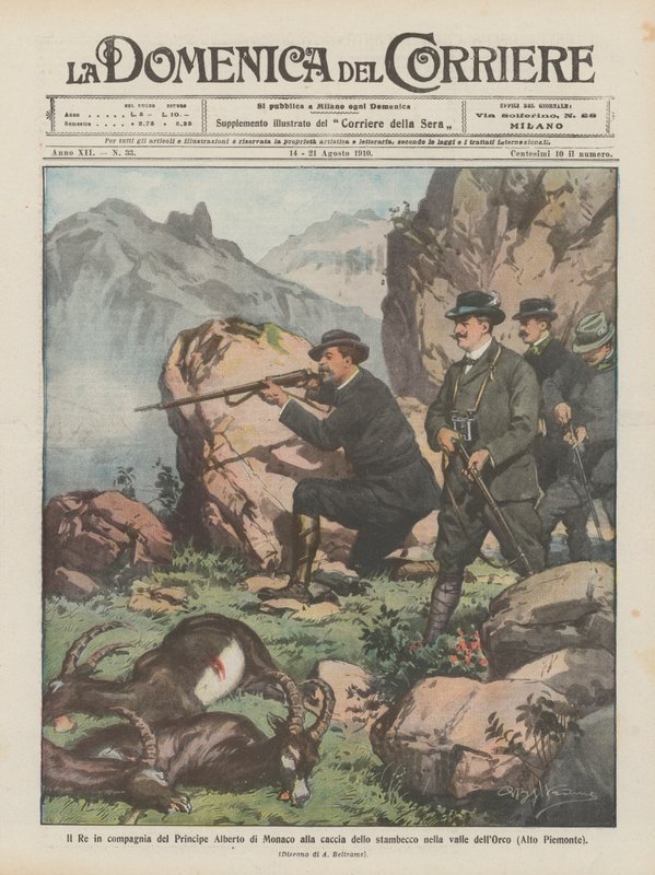 Kungen i sällskap med prins Albert av Monaco jagar stenbock i Orcodalen (Övre Piemonte) av Achille Beltrame
