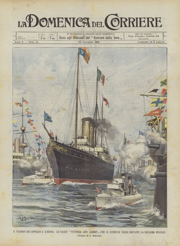 Suveränernas resa till London, yachten Victoria och Albert som leder dem passerar framför det engelska laget av Achille Beltrame