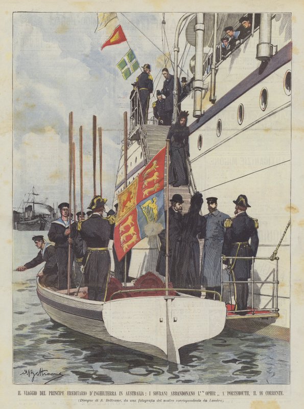 Kronprinsens resa från England till Australien, suveräner överger Thephir? av Achille Beltrame