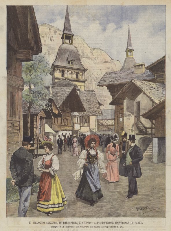 Den schweiziska byn, av pappersmache och stubb, på den universella utställningen i Paris av Achille Beltrame