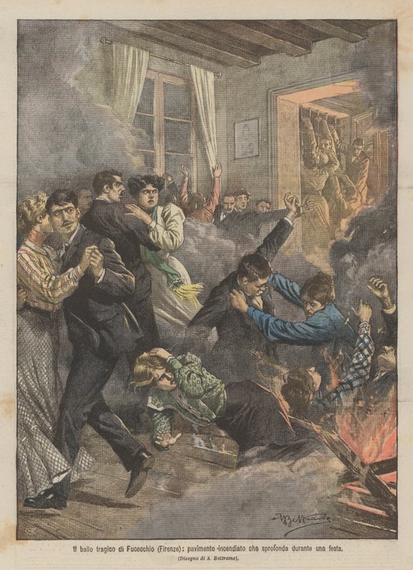 Den tragiska dansen av Fucecchio (Florens), ett brinnande golv som kollapsar under en fest av Achille Beltrame