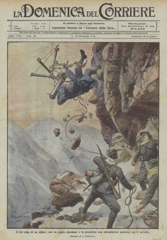 Det vackra skottet av en alpin, med en snara griper och kraschar en österrikisk maskingevär med tjänaren av Achille Beltrame