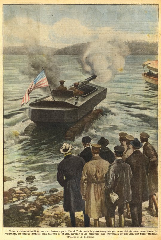 Amfibiestridsvagnen, en helt ny typ av stridsvagn, under de tester som genomfördes på uppdrag av? av Achille Beltrame
