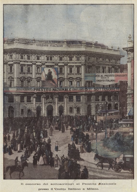 Tävlingen av prenumeranter på det nationella lånet på Credito Italiano i Milano av Achille Beltrame