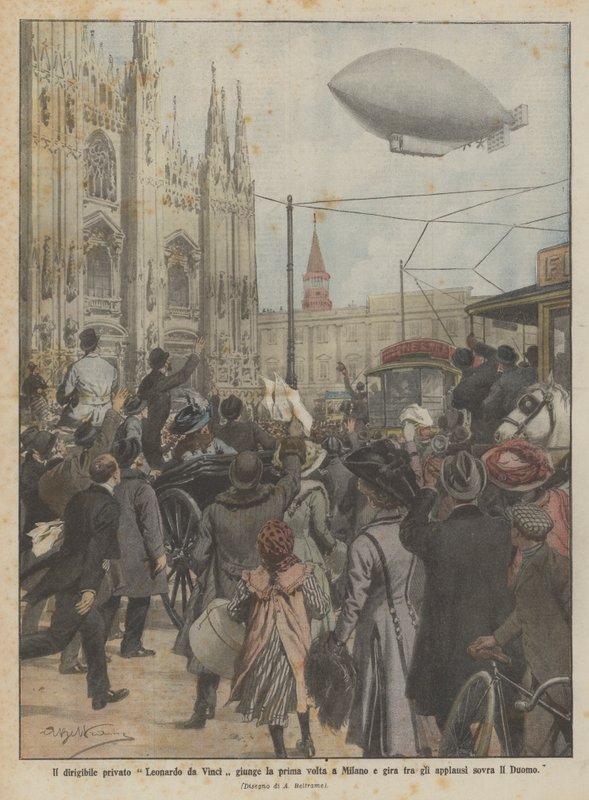 Det privata luftskeppet Leonardo da Vinci anländer till Milano för första gången och vänder sig till applåder ovanför Duomo av Achille Beltrame