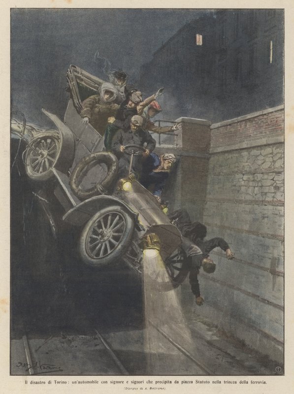 Katastrofen i Turin, en bil med damer och herrar som kraschar från Piazza Statuto in i? av Achille Beltrame