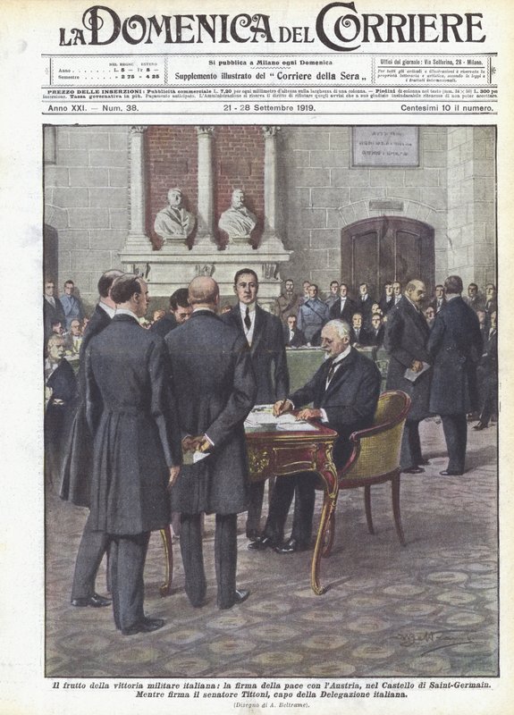 Frukten av den italienska militära segern, undertecknandet av fred med Österrike, i slottet Saint-Germain av Achille Beltrame