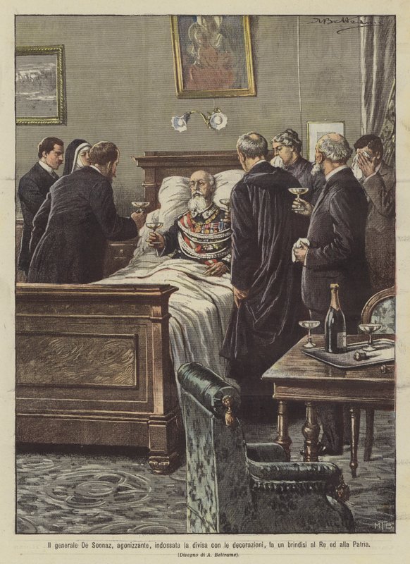 General De Sonnaz, i ångest, bär uniformen med dekorationerna, skålar för kungen och för fäderneslandet av Achille Beltrame