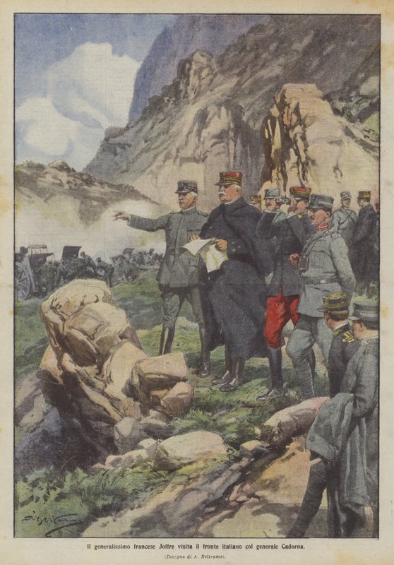 Den franske generalissimo Joffre besöker den italienska fronten med general Cadorna av Achille Beltrame
