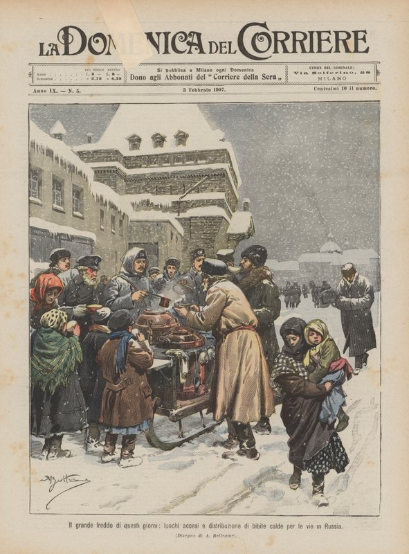Dagens stora kyla, eldar tända och distribution av varma drycker på gatorna i Ryssland av Achille Beltrame