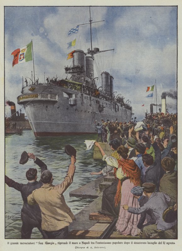 Återvänder den stora kryssaren San Giorgio till havet i Neapel under folklig entusiasm efteråt? av Achille Beltrame