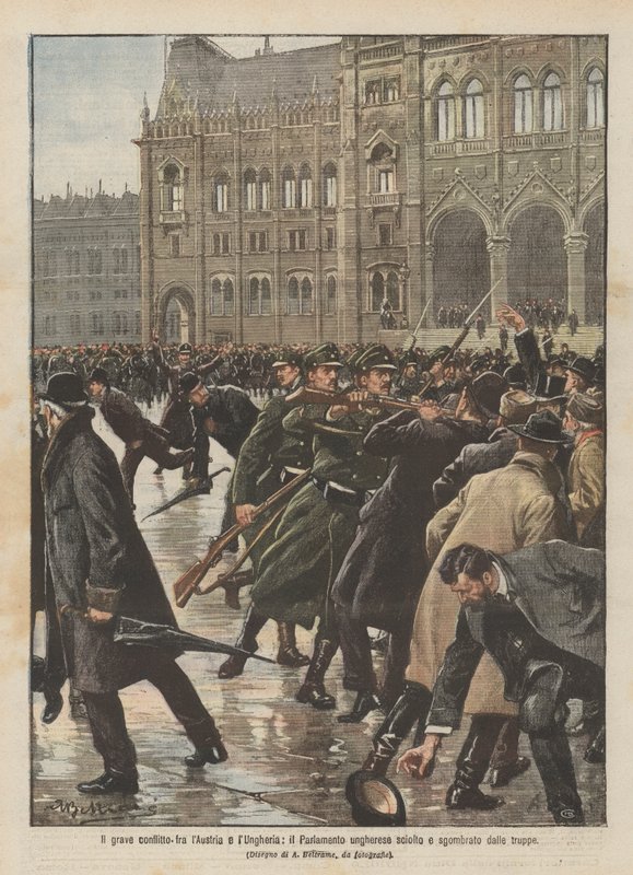 Den allvarliga konflikten mellan Österrike och Ungern, det ungerska parlamentet upplöste och rensade från trupper av Achille Beltrame