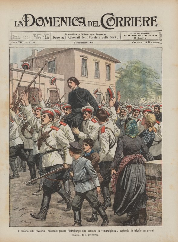 Världen upp och ner, kosacker nära Petersburg sjunger Marseillaise med en präst i triumf! av Achille Beltrame