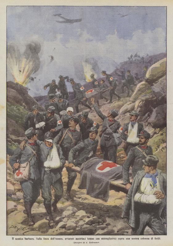 Den barbariska fienden På Isonzo-linjen skjuter österrikiska flygare med maskingevär mot en? av Achille Beltrame