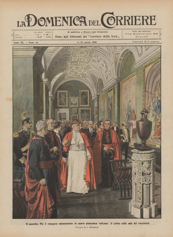 Påven Pius X inviger högtidligt Vatikanens nya bildgalleri, processionen i 1300-talets sal av Achille Beltrame