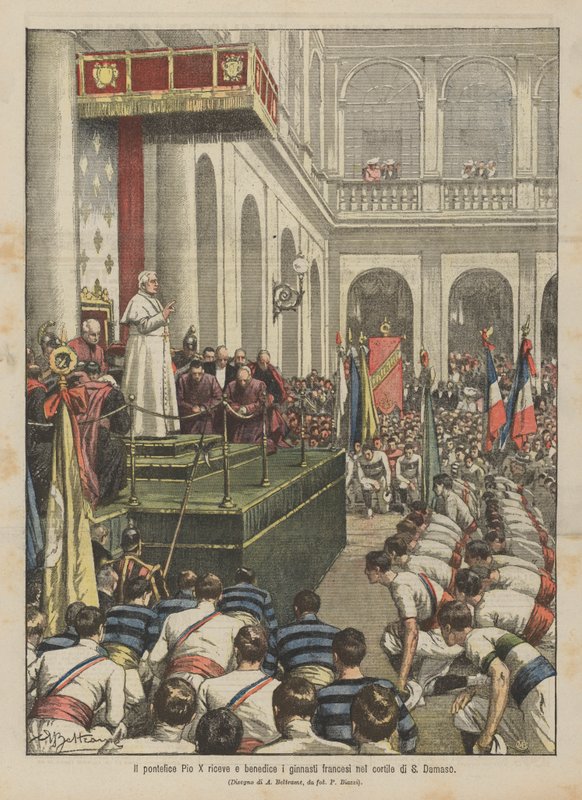 Påven Pius X tar emot och välsignar de franska gymnasterna på gården i S Damaso av Achille Beltrame