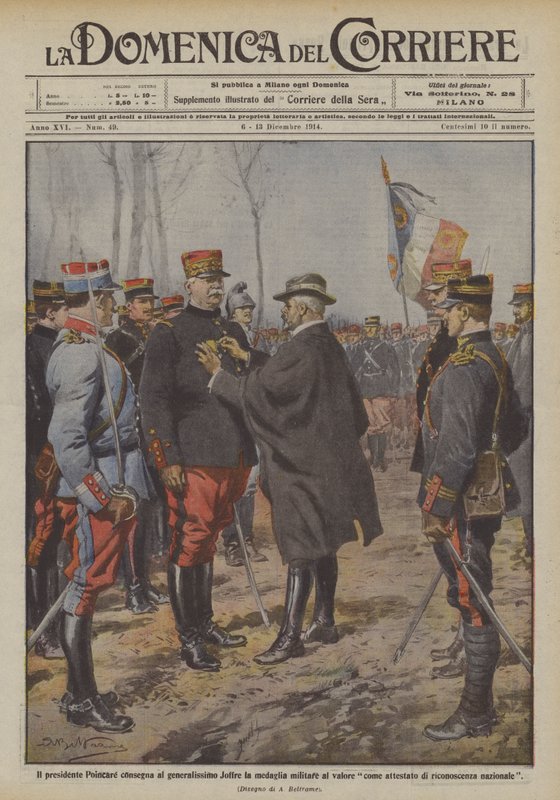 President Poincare ger Generalissimo Joffre militärmedaljen för tapperhet. Hur? av Achille Beltrame