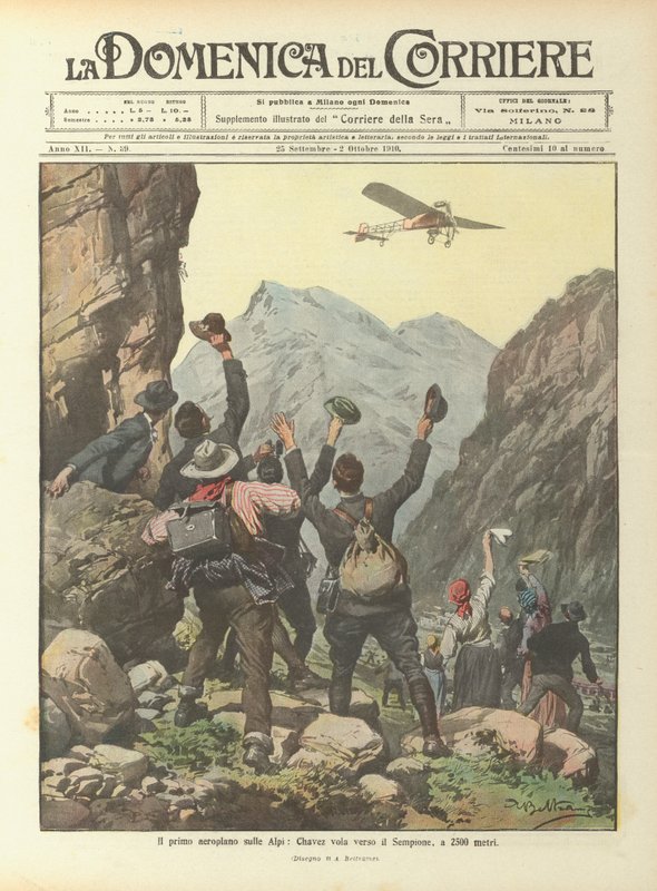 Det första flygplanet i Alperna, Chavez flyger mot Simplon, på 2500 meter av Achille Beltrame
