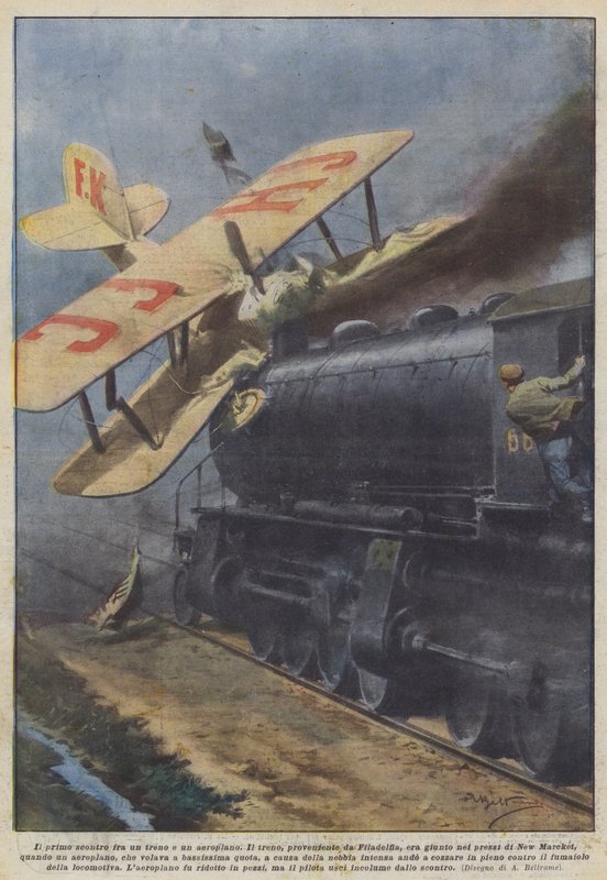 Den första kollisionen mellan ett tåg och ett flygplan av Achille Beltrame