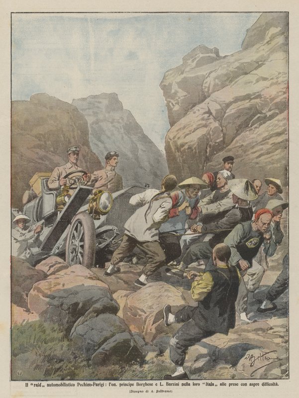 Peking-Paris bilräd, lon, prins Borghese och L, Barzini i deras Itala på? av Achille Beltrame