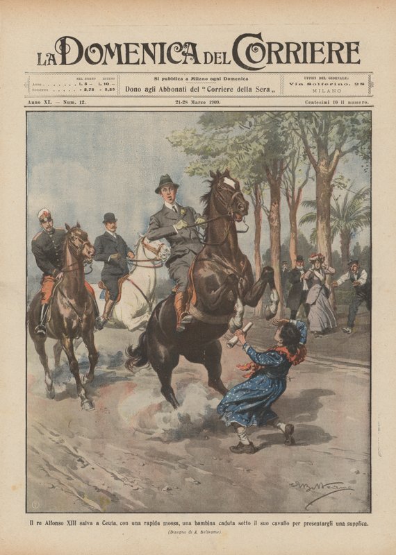Räddar kung Alfonso XIII en liten flicka som har fallit under hans häst i Ceuta med ett snabbt drag? av Achille Beltrame