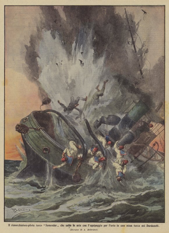 Den turkiska bogserbåtpiloten Semendar sprängs med besättningen för att träffa en mina? av Achille Beltrame