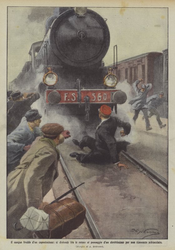 En stationsmästares kallblod sträcker sig mellan rälsen vid passagen av en mycket direkt väg för? av Achille Beltrame