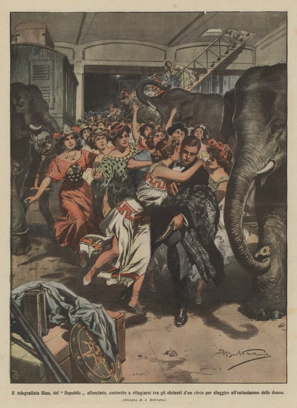 Telegrafisten Bins, från den sjunkna republiken, tvingad att ta sin tillflykt bland elefanterna på en cirkus? av Achille Beltrame