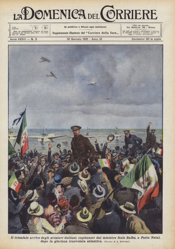 De italienska flygarnas triumferande ankomst, under kapten av minister Italo Balbo, till Porto Natal? av Achille Beltrame