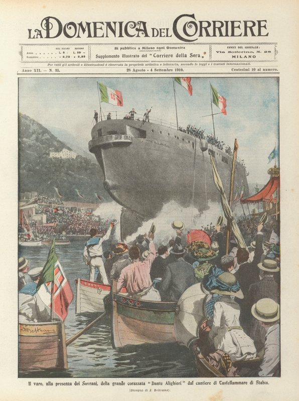 Lanseringen, i närvaro av suveränerna, av det stora slagskeppet Dante Alighieri från Castellammare di Stabia-varvet av Achille Beltrame