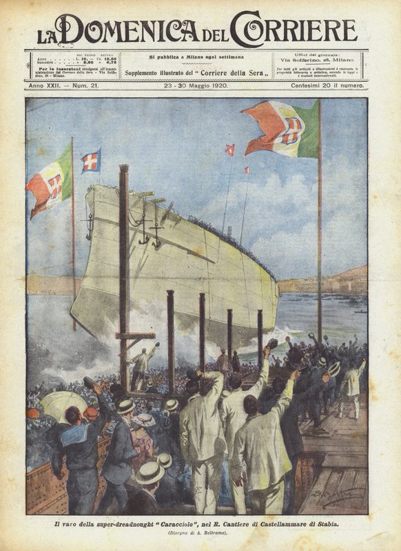 Lanseringen av superdreadnoughten Caracciolo, i R Cantiere di Castellammare di Stabia av Achille Beltrame