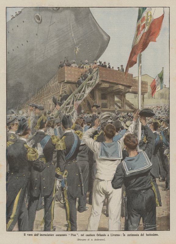 Lanseringen av pansarkryssaren Pisa, på Orlando-varvet i Livorno, dopceremonin av Achille Beltrame
