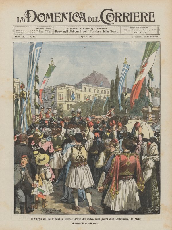 Italienskungens resa till Grekland, processionens ankomst på torget i konstitutionen, i Aten av Achille Beltrame