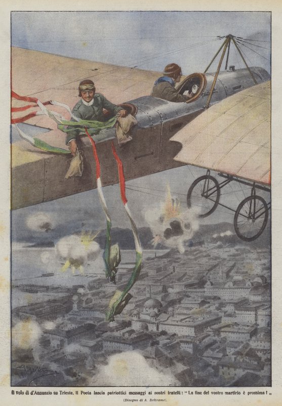Flygningen av dAnnunzio över Trieste, skickar Il Poeta patriotiska meddelanden till våra bröder? av Achille Beltrame