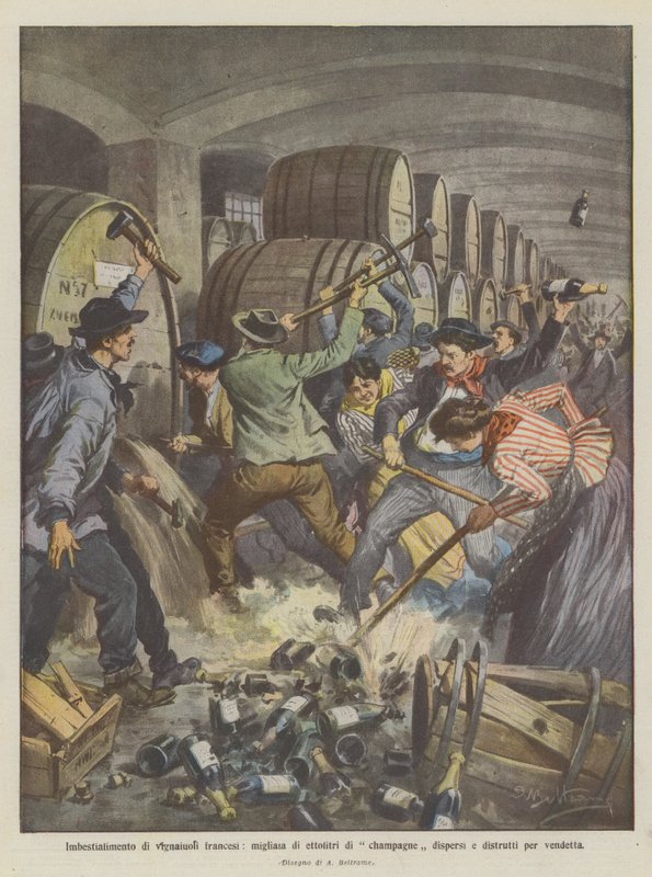 Angrepp av franska vinmakare, tusentals hektoliter champagne utspridda och förstörda som hämnd av Achille Beltrame