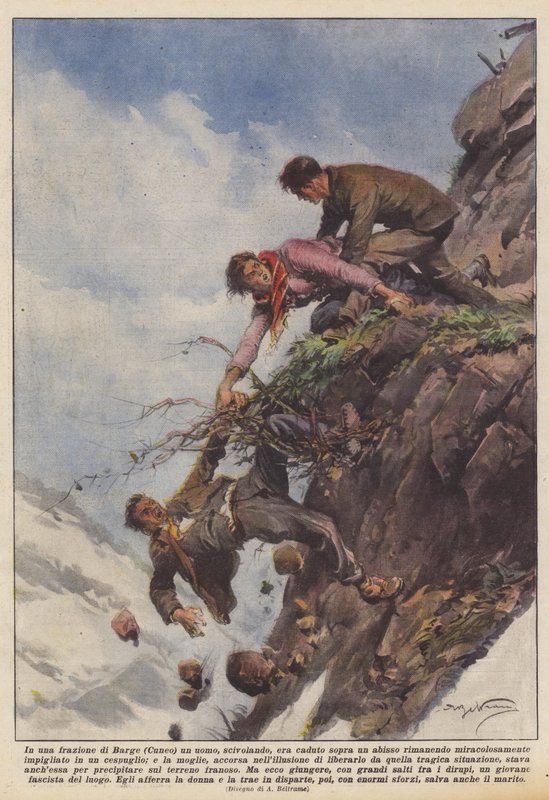 I en by i Barge (Cuneo) hade en man, som halkade, fallit över en avgrund medan han var kvar? av Achille Beltrame