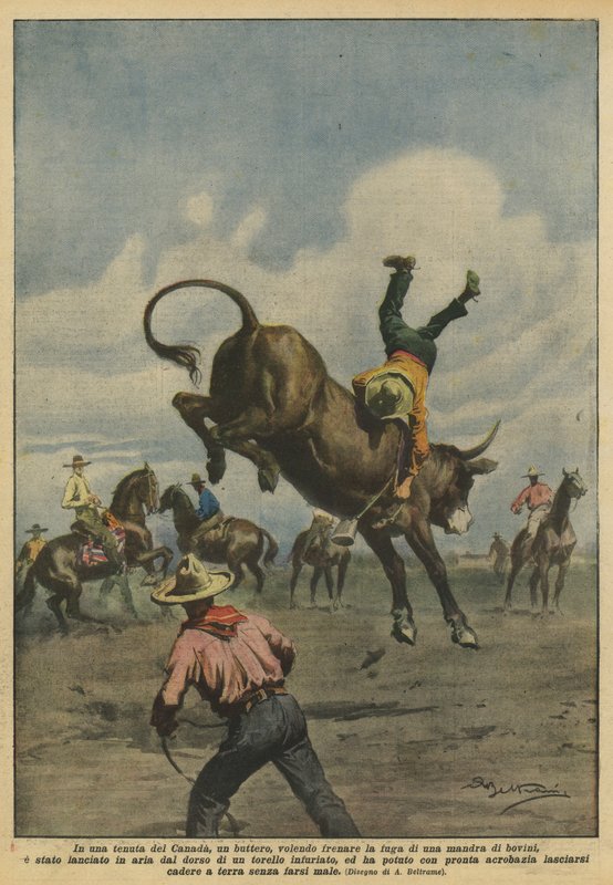 I ett kanadensiskt gods, en bonde, som vill stoppa flykten från en boskapshjord? av Achille Beltrame