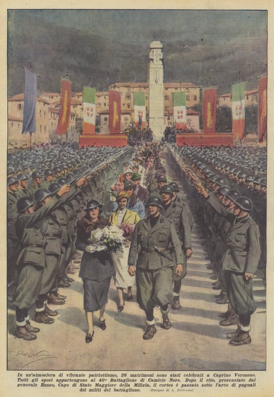 I en atmosfär av livlig patriotism firades 26 bröllop i Caprino Veronese av Achille Beltrame