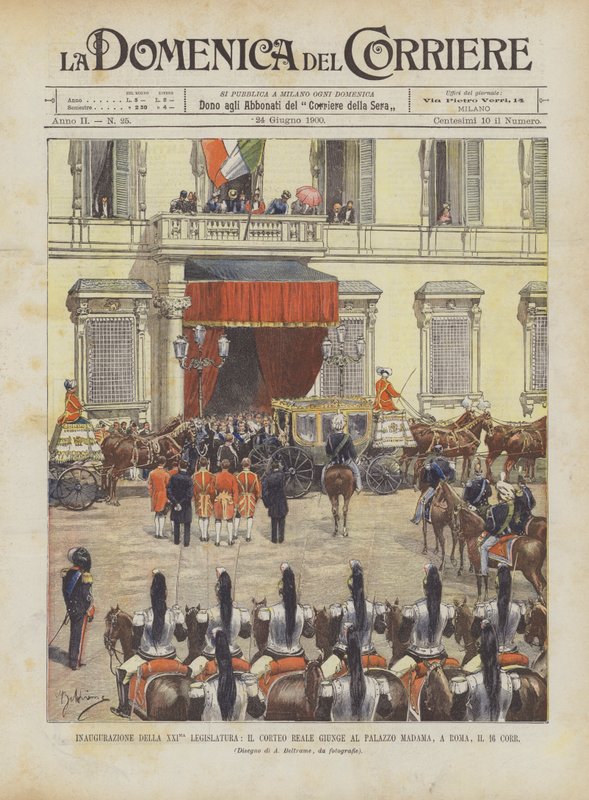 Invigningen av den 21:a lagstiftande församlingen, den kungliga processionen anländer till Palazzo Madama, i Rom, den 16 Corr. av Achille Beltrame