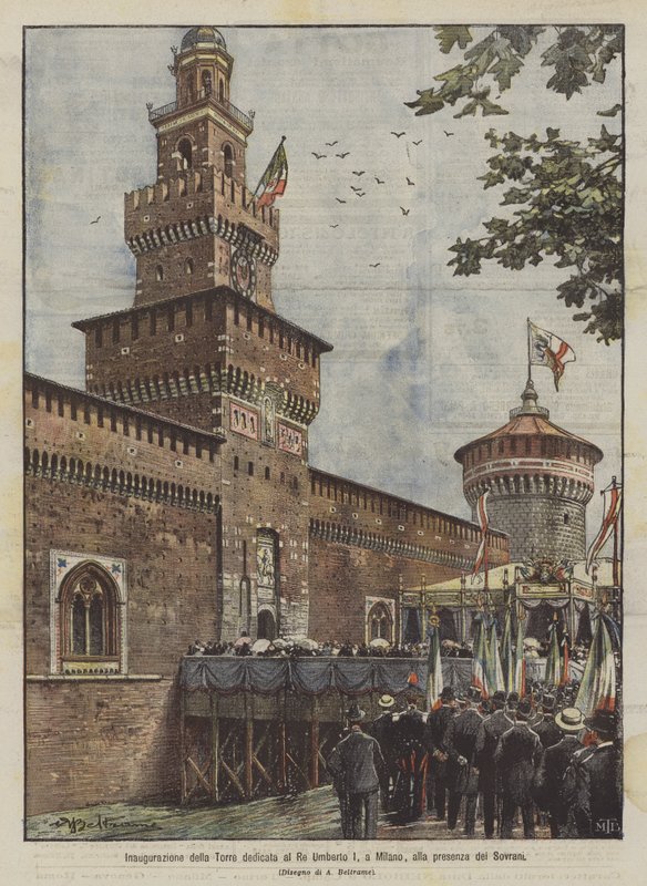 Invigning av tornet tillägnat kung Umberto I, i Milano, i närvaro av suveränerna av Achille Beltrame