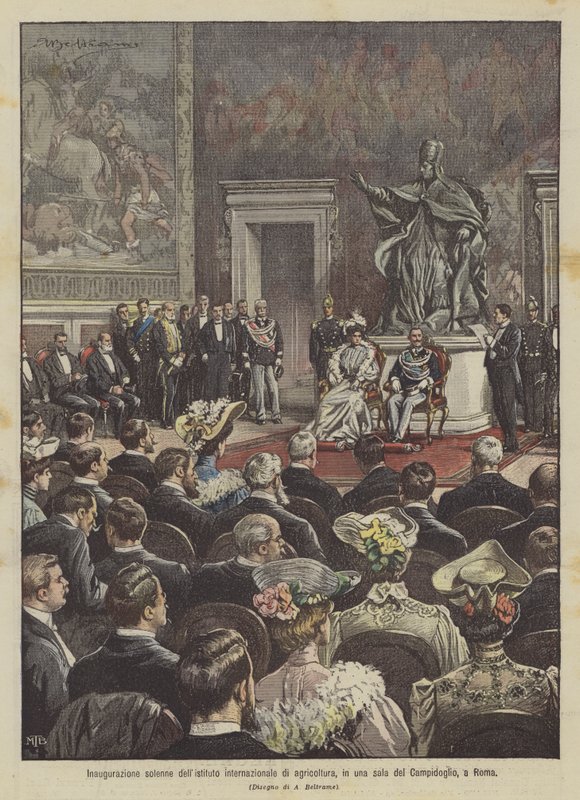 Högtidlig invigning av det internationella institutet för jordbruk, i ett rum i Campidoglio, i Rom av Achille Beltrame